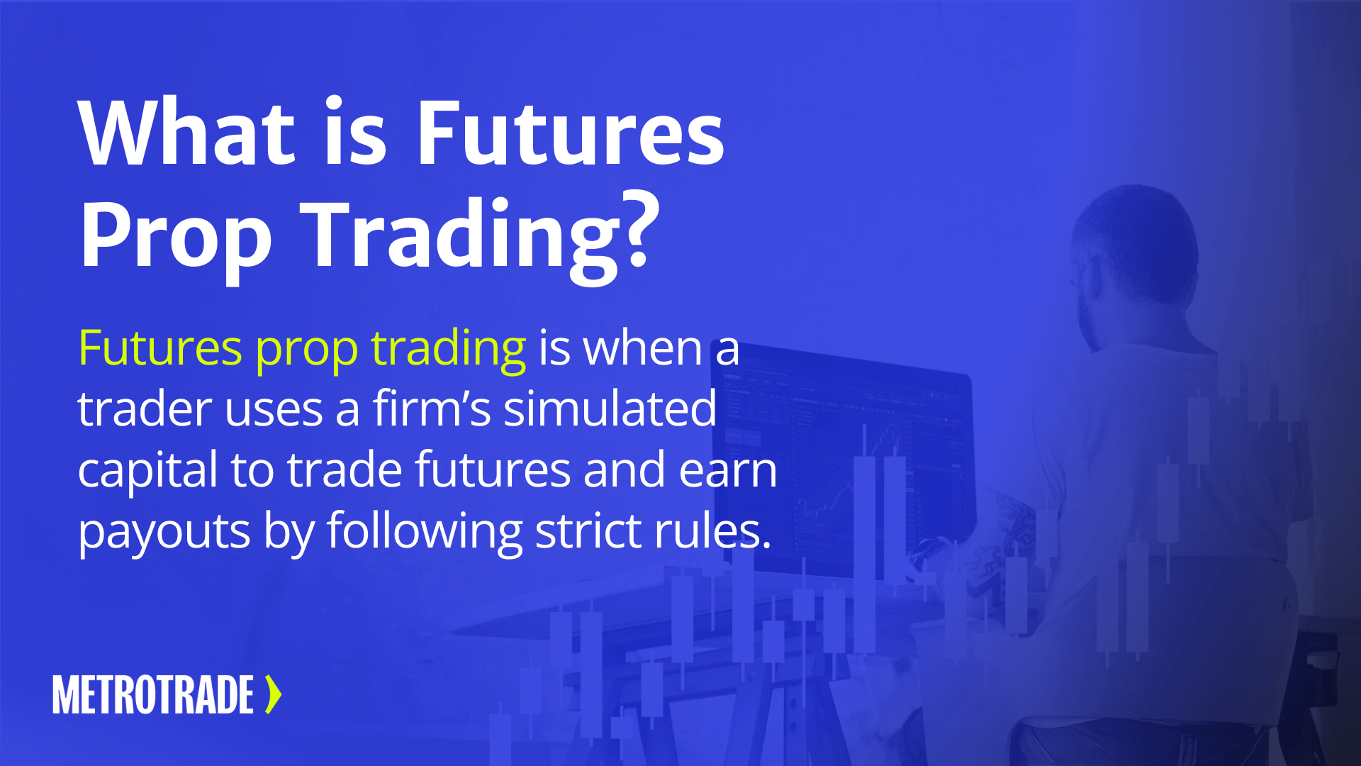 Blue graphic with the headline “What is Futures Prop Trading?” and the definition: “Futures prop trading is when a trader uses a firm’s simulated capital to trade futures and earn payouts by following strict rules,” with a man trading at a computer and candlestick chart overlays; MetroTrade logo in the corner.