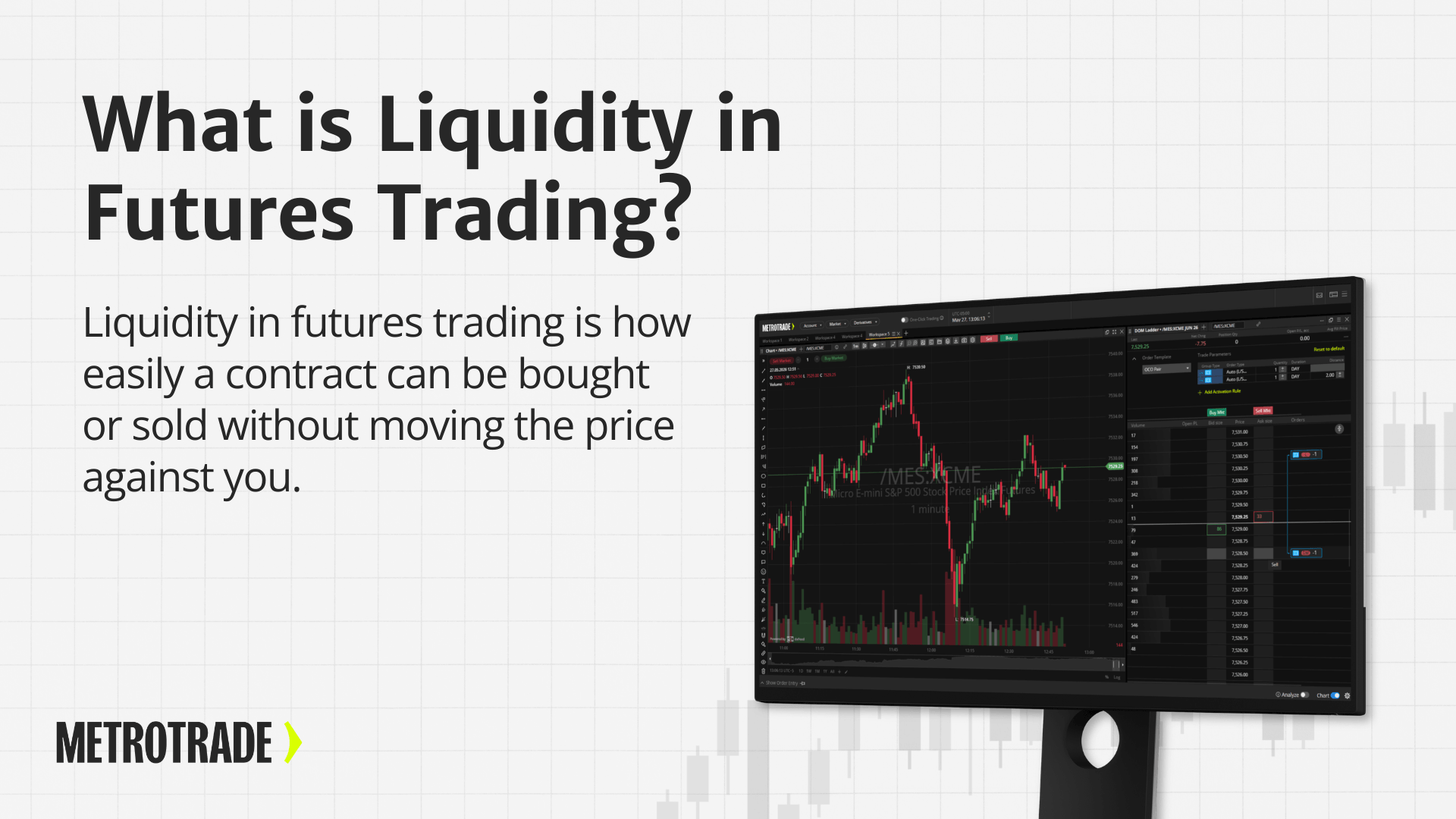 Infographic defining liquidity in futures trading with MetroTrader platform shown on a monitor