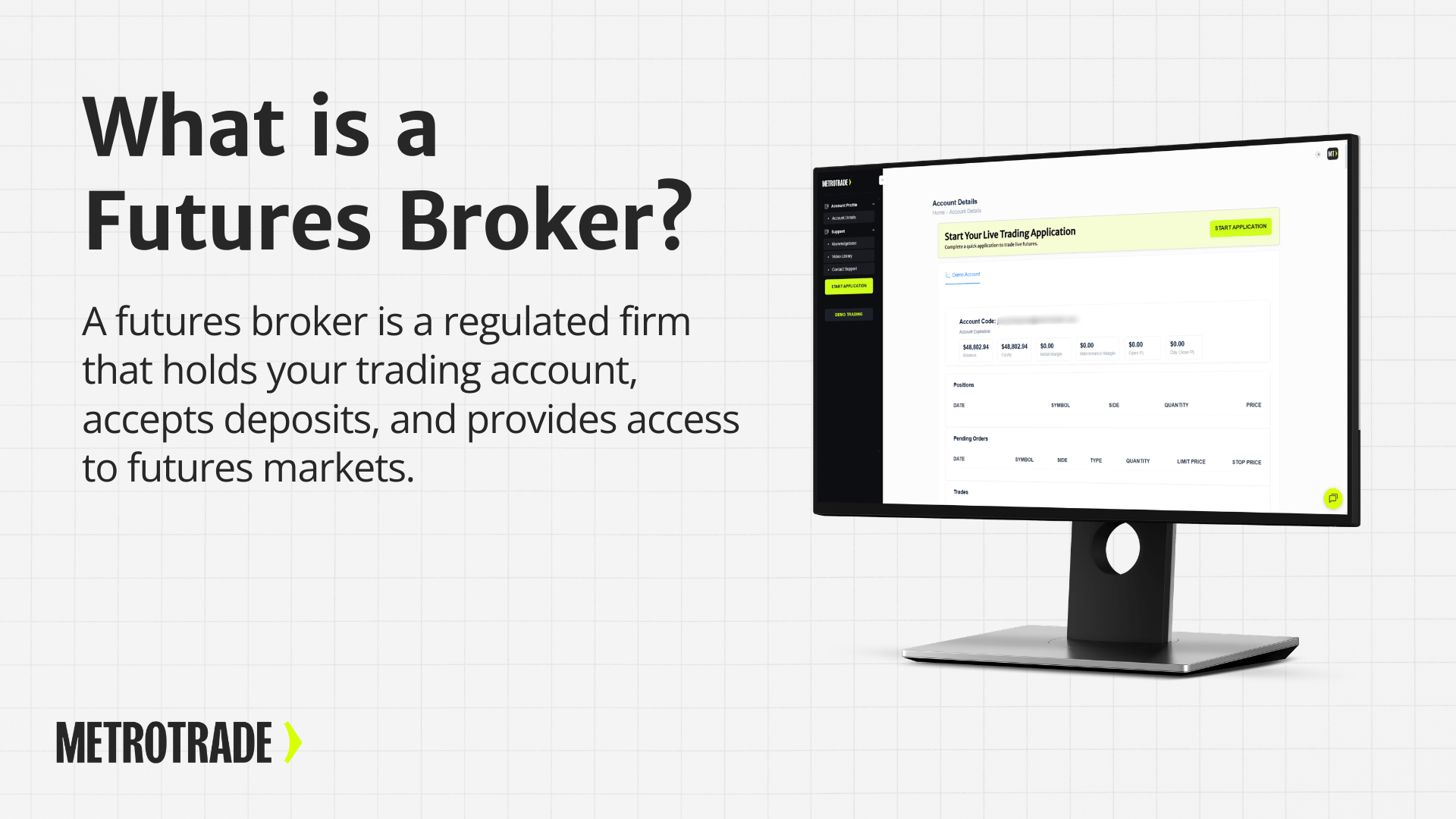 What is a futures broker infographic with definition text and MetroTrade platform screenshot displaying account details on desktop monitor
